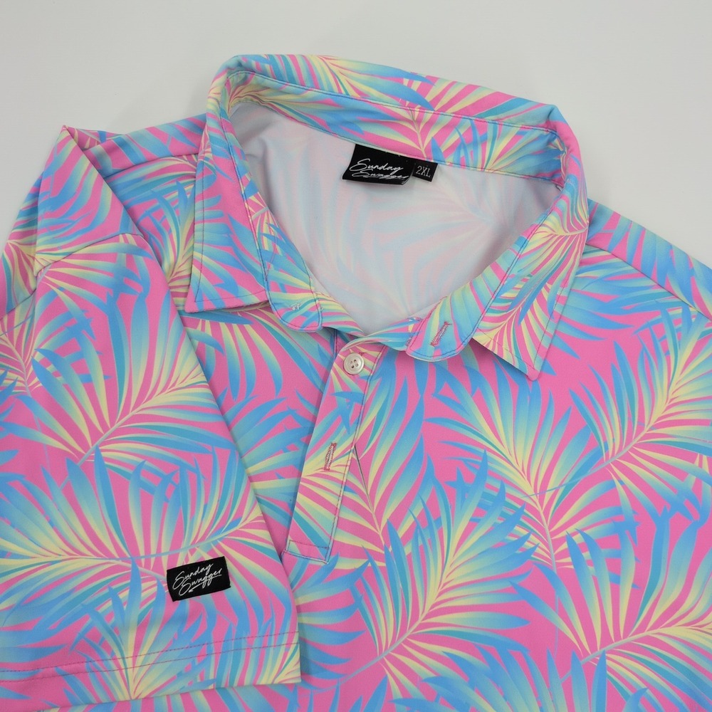 Sunday Swagger Tropical Palm Leaf Golf Polo Mens 2XL Pink Blue Performance